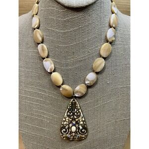 Michal Golan Mother of Pearl Crystal Filigree Statement Necklace 16-20in V